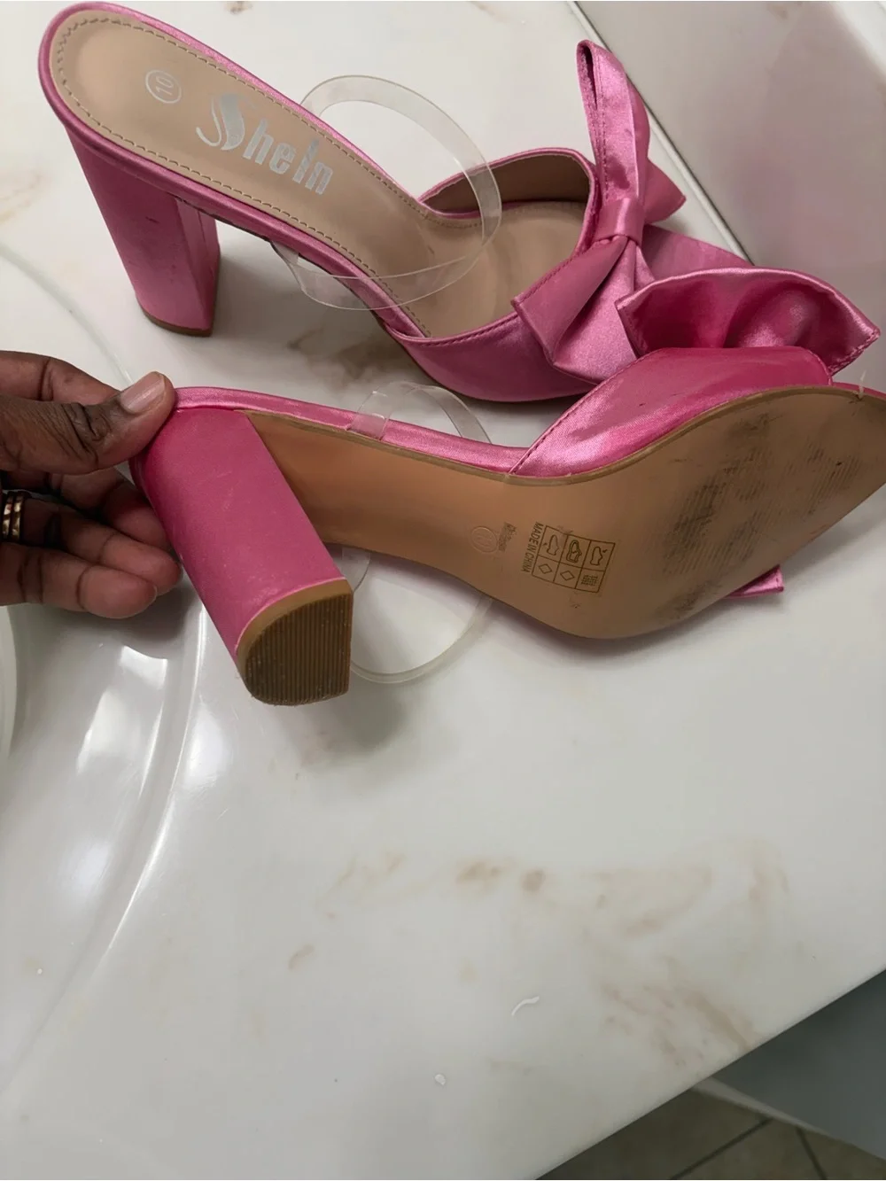Shein Pink Satin Bow Block Heel Sandals